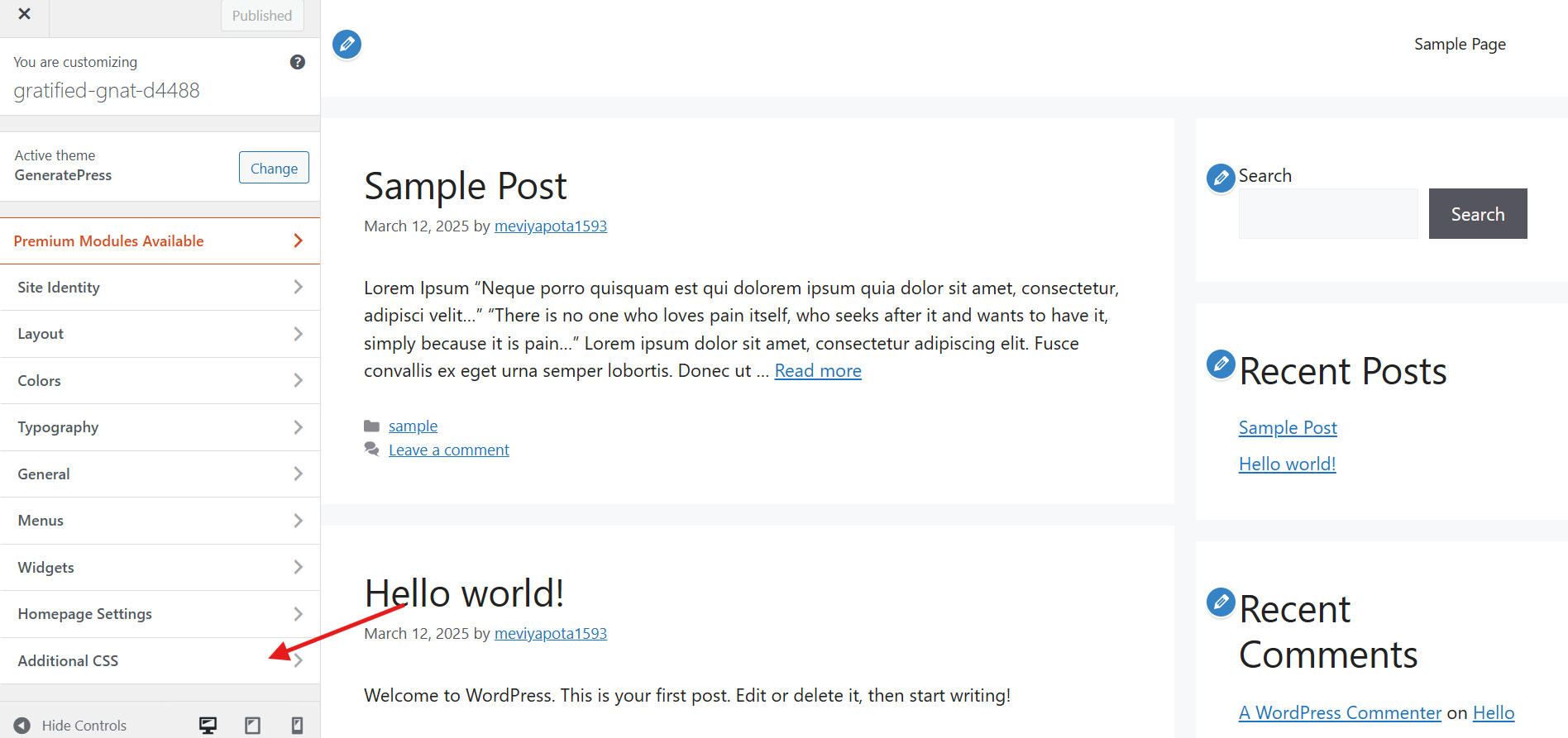 Click on the Additional CSS section.