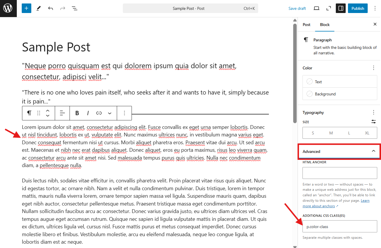 Edit Paragraph Block Advanced Settings