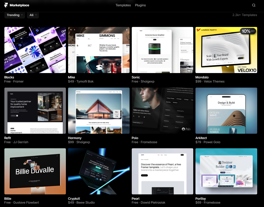 Framer vs Webflow: Framer Templates