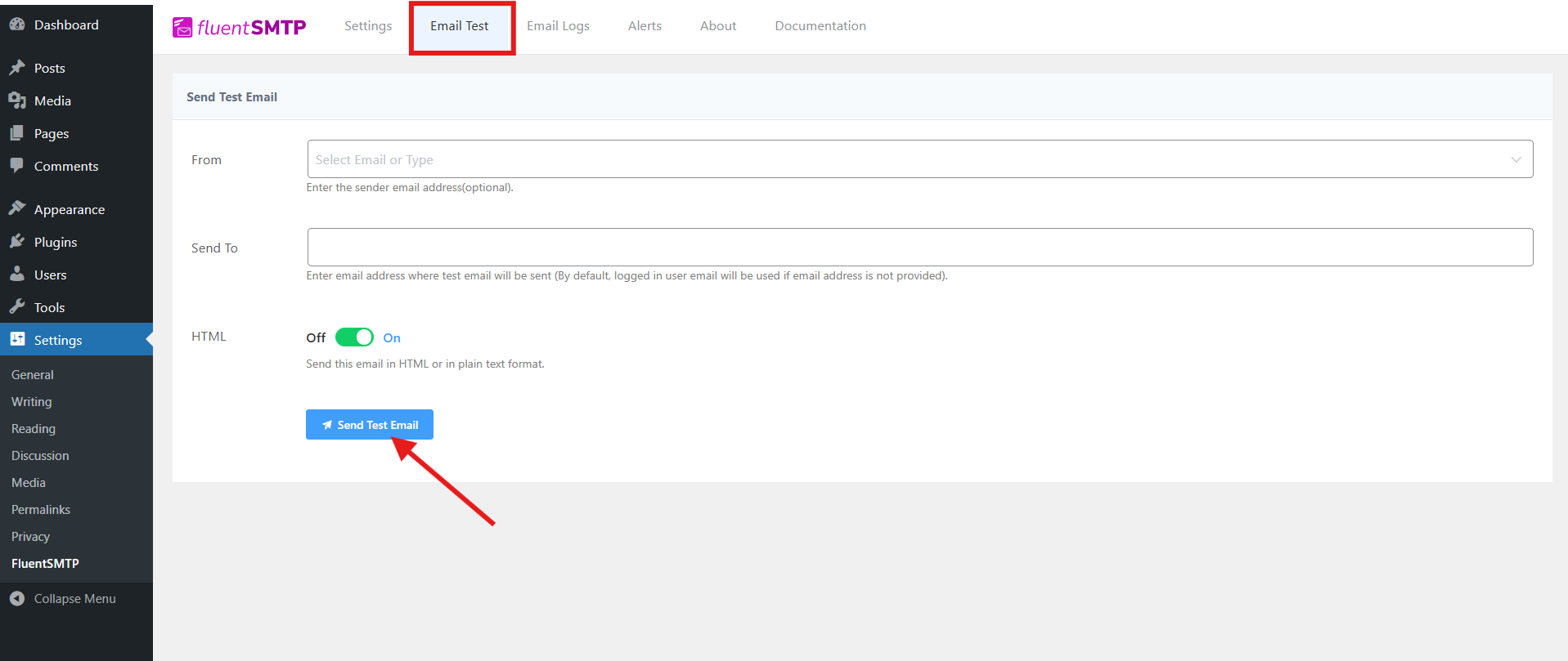 Test Email in FluentSMTP