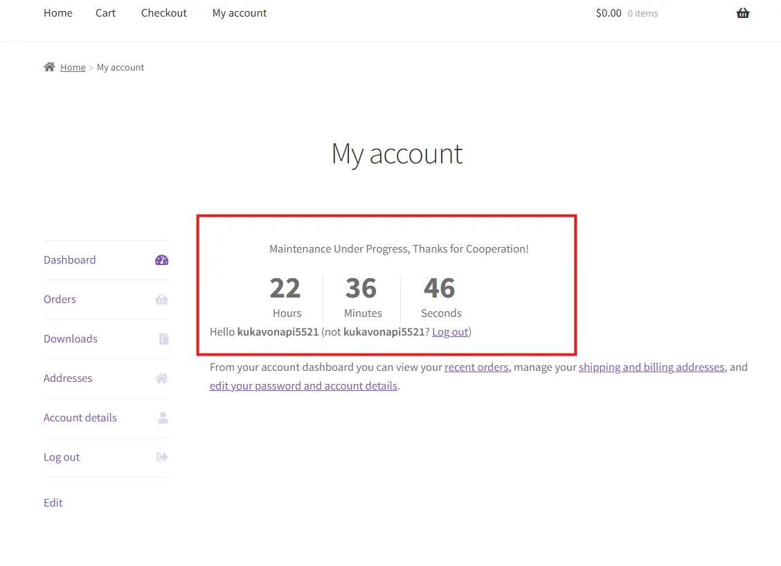 Example of the Maintenance Timer in Open Close WooCommerce Store Plugin