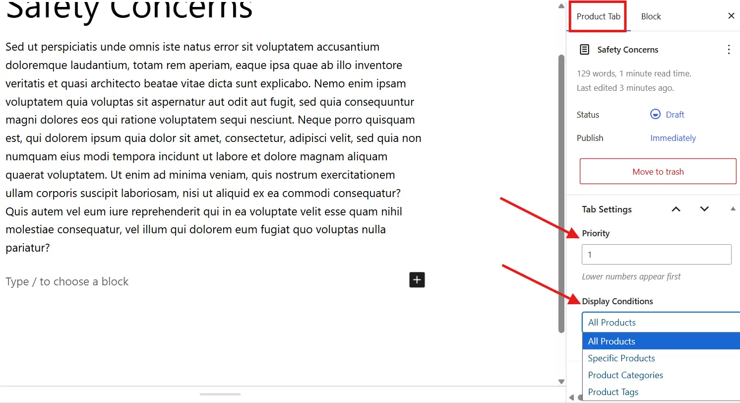Assign Tabs to Products and Set Priority Settings