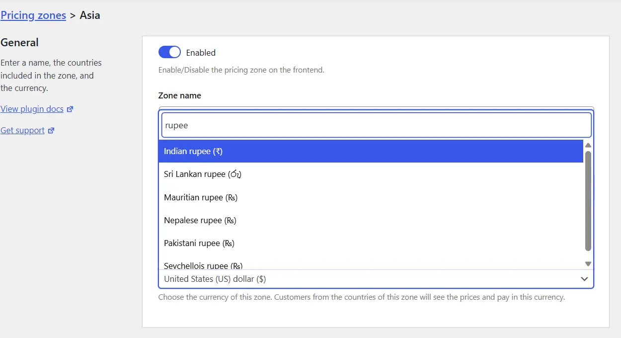 Dropdown where you pick the currency