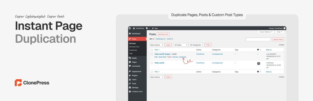 Duplicate a Menu Using ClonePress