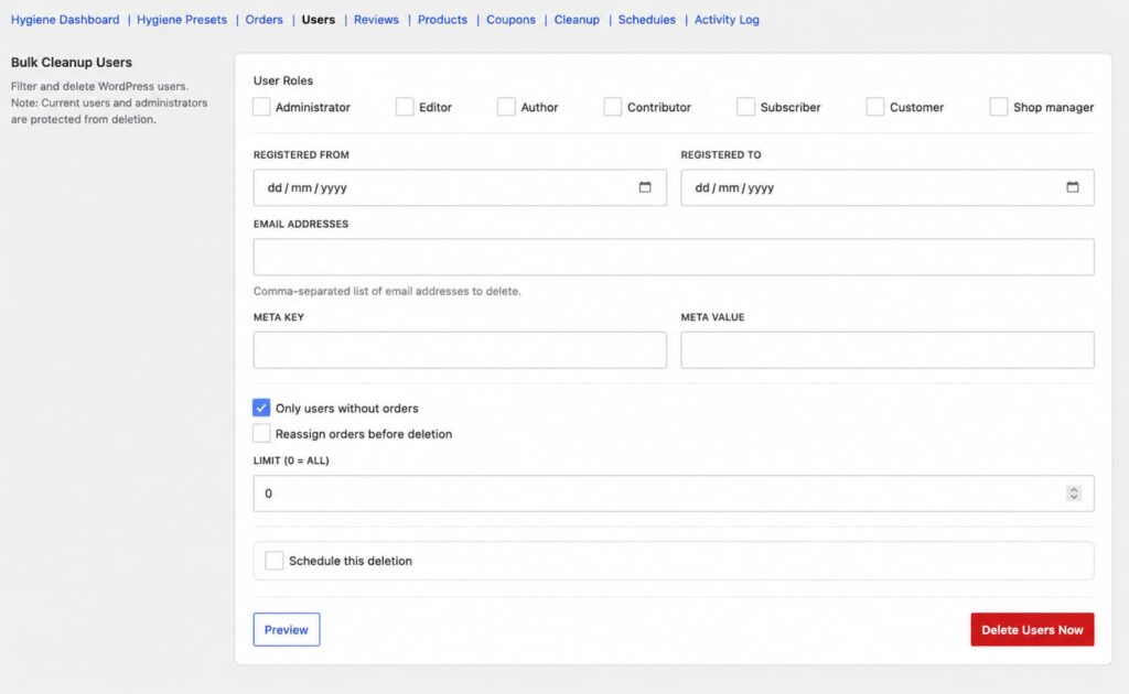 Bulk Cleanup for WooCommerce Users tab with the users without orders filter enabled