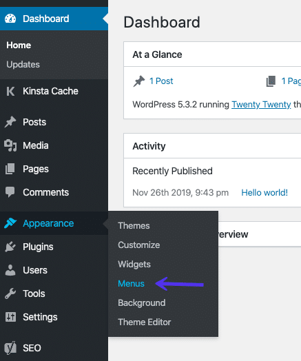 WordPress dashboard showing menu option